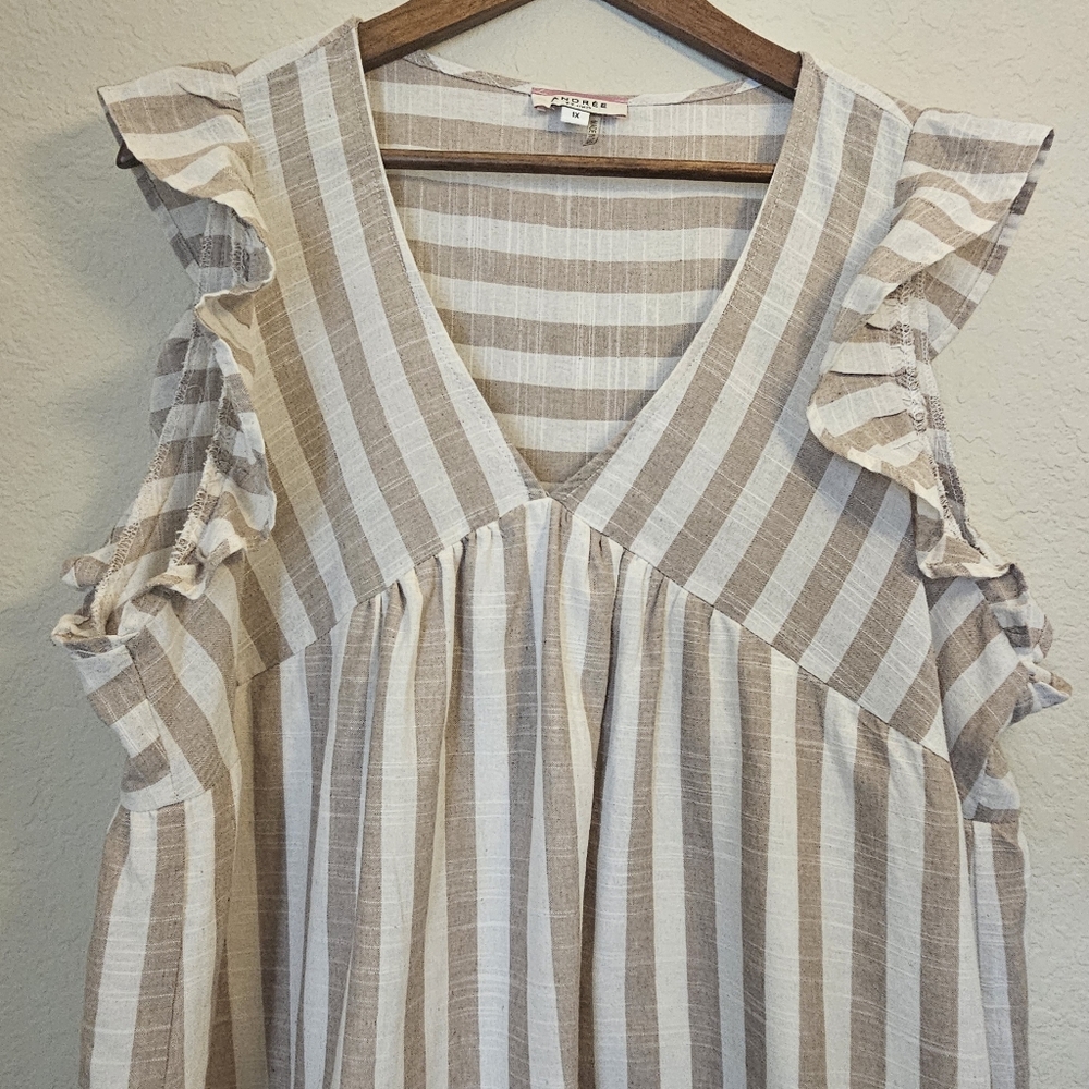 Andree By Unit Taupe Babydoll Mini Dress Womens 1X Beige Cream Stripe Lined - Picture 3 of 7